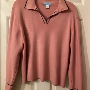 Jennifer Moore Pink V-Neck Sweater with Black Accents
